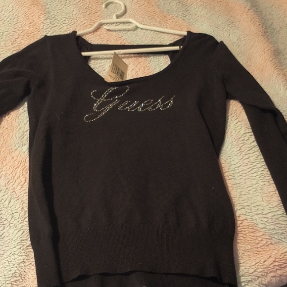 Guess Tops - Guess Black Rhinestone Logo Sweater